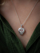Owl Heart Amulet Pendant Necklace - Silver and Ruby