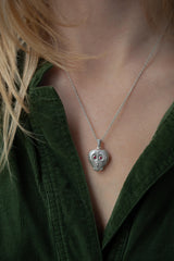 Owl Heart Amulet Pendant Necklace - Silver and Ruby