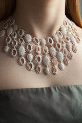 My Large Baroque Collar Necklace worn in silver, inspired by antique lace and ruffs, adds drama to any outfit