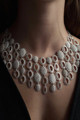 My Large Baroque Collar Necklace worn by a model, inspired by antique lace and ruffs, adds drama to any outfit
