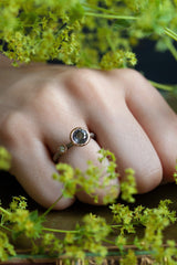 A one off Lilac Spinel in 18ct rose gold cup setting with a white diamond on 18ct white gold band