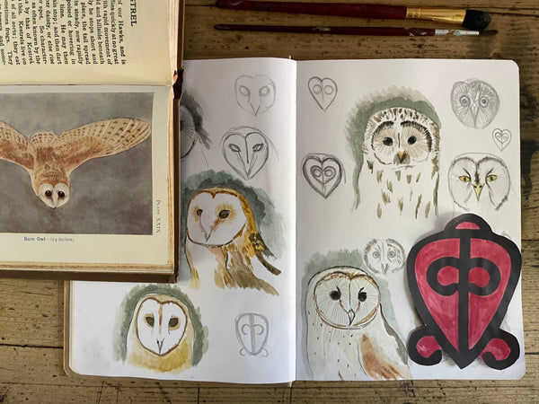 Catherine Hills sketchbook for the Owl Heart Love Amulet Pendant Necklace Silver and Ruby Catherine Hills Jewellery 