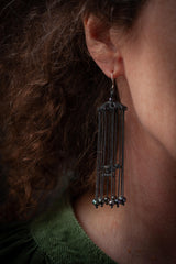 Extra long Bird Cage Earrings - Oxidised Silver and Blue grey Pearls - Sample for Current Design