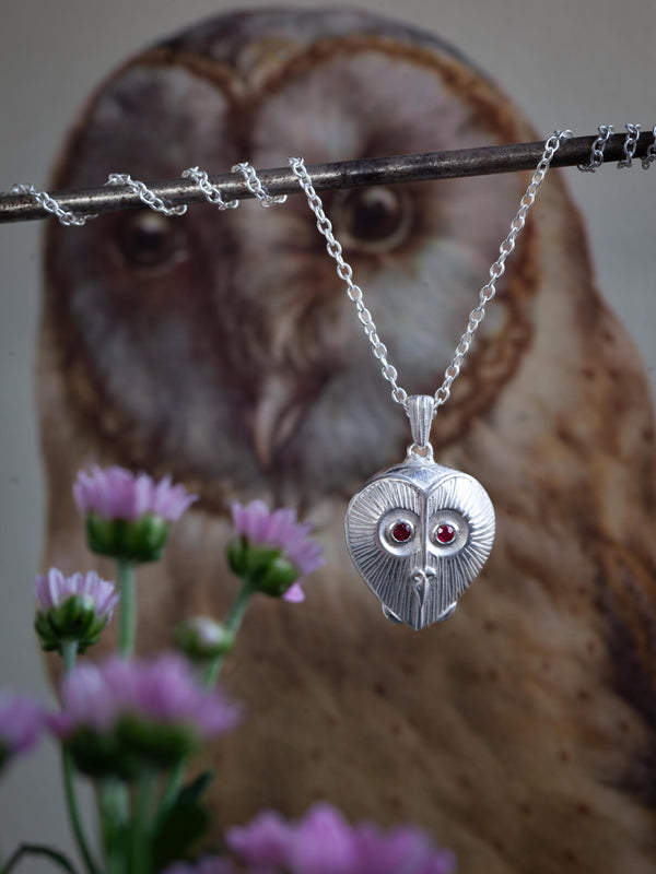 Owl Heart Amulet Pendant Necklace - Silver and Ruby