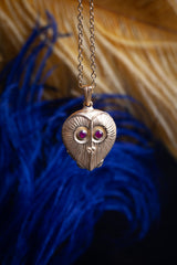 Owl Heart Amulet Pendant Necklace - Silver and Ruby
