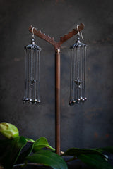 Extra long Bird Cage Earrings - Oxidised Silver and Blue grey Pearls - Sample for Current Design