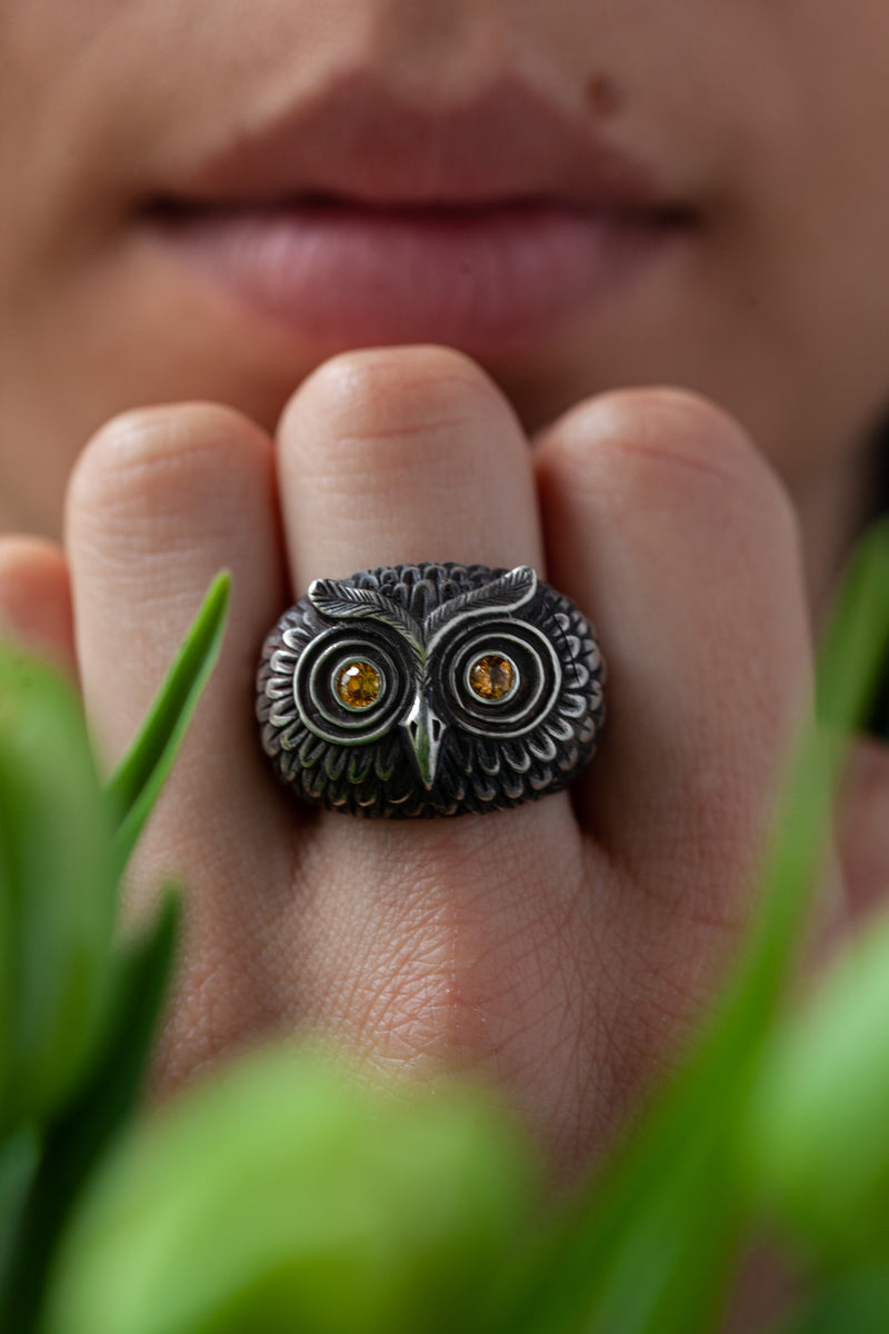 Owl Ring with Yellow Sapphires