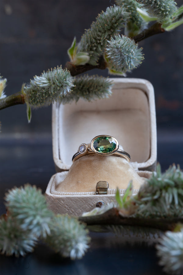 Green Tourmaline and Diamond Couplet Ring - 9ct Yellow Gold