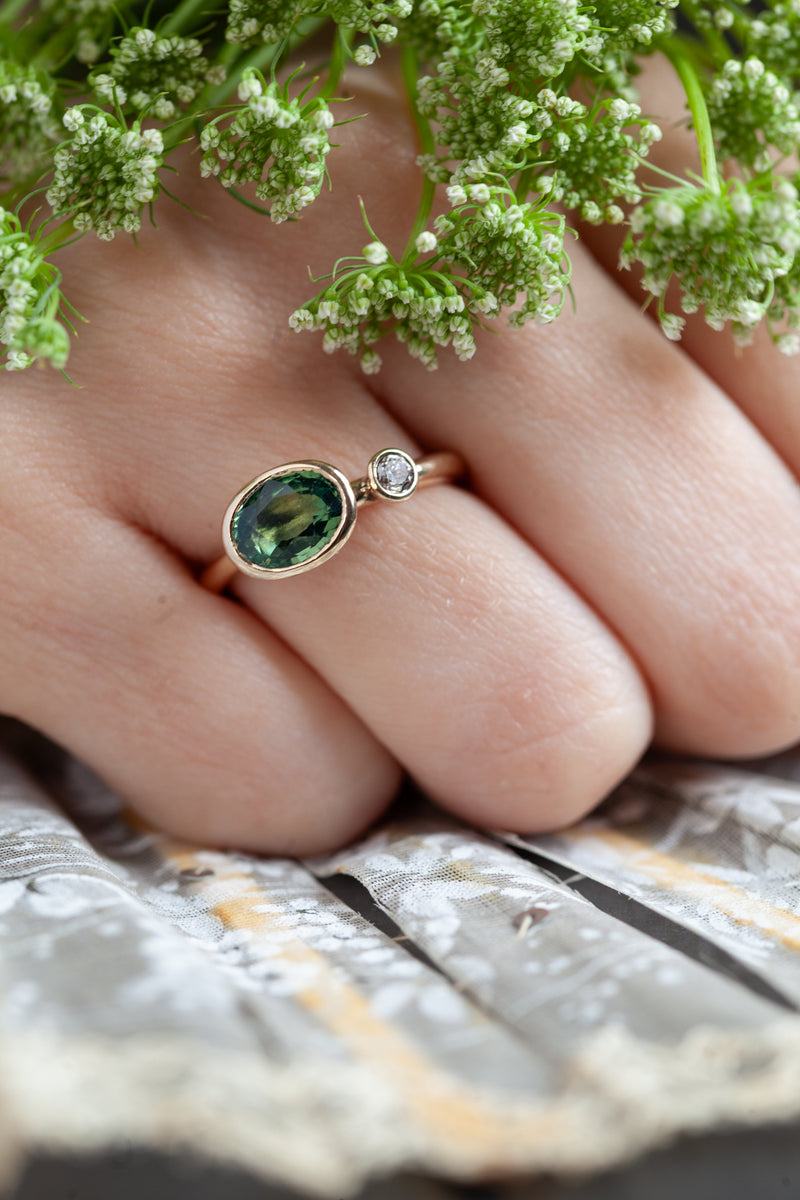 Green Tourmaline and Diamond Couplet Ring - 9ct Yellow Gold