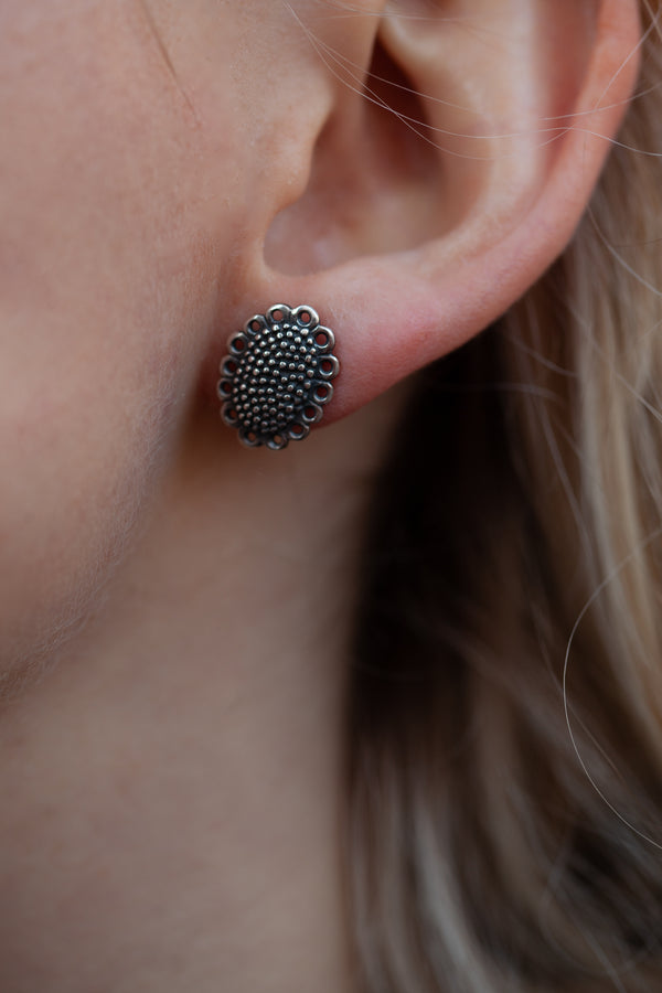 Small Baroque Stud Earrings - Oxidised Silver and Silver