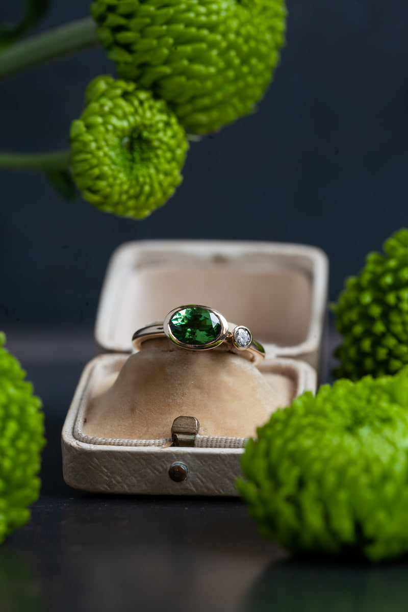 Green Tourmaline and Diamond Couplet Ring - 9ct Yellow Gold