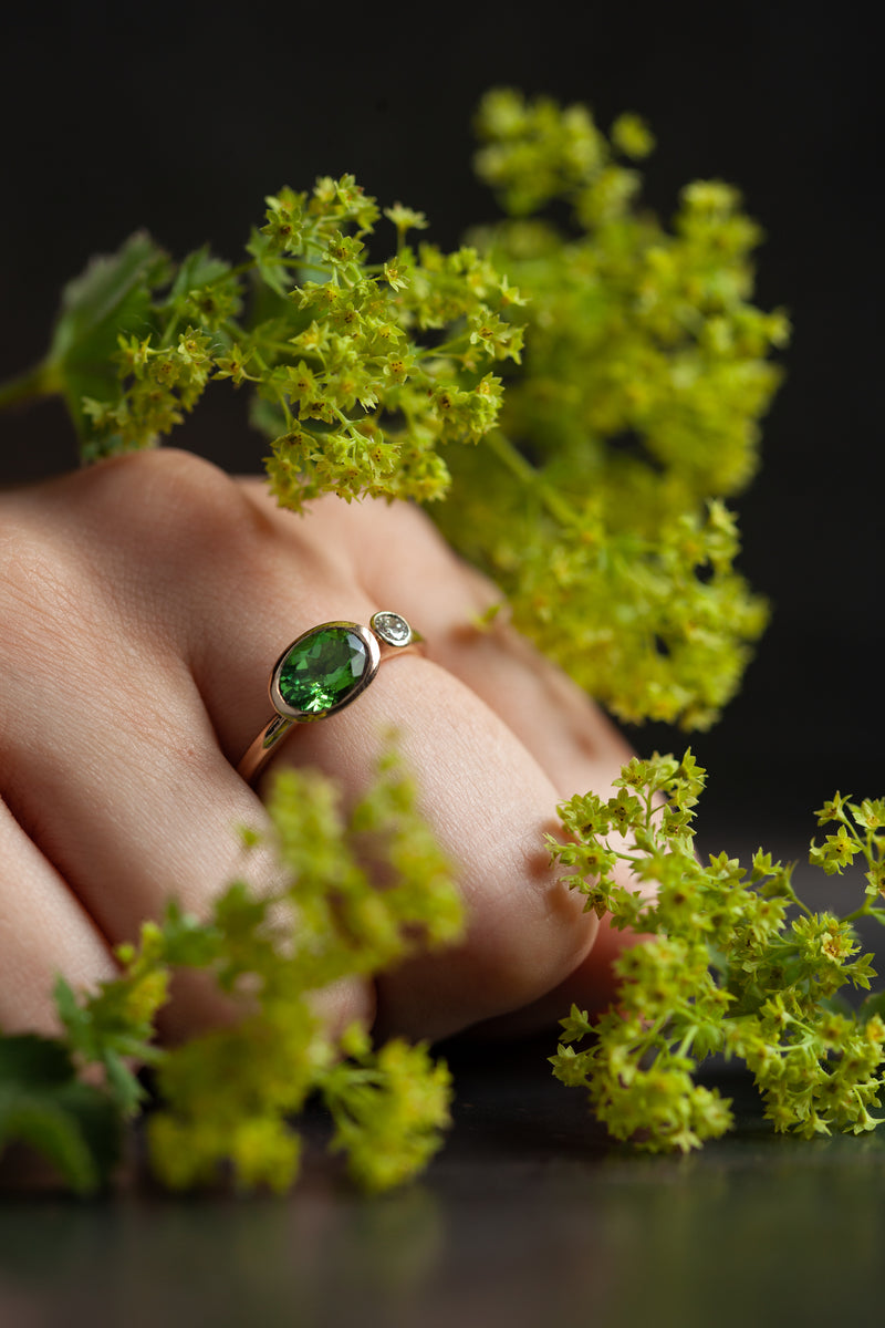 Green Tourmaline and Diamond Couplet Ring - 9ct Yellow Gold
