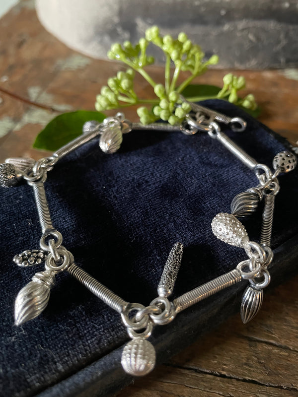 Striped Link Bracelet with 12 Mixed Pod Charms - Oxidised Silver and Silver