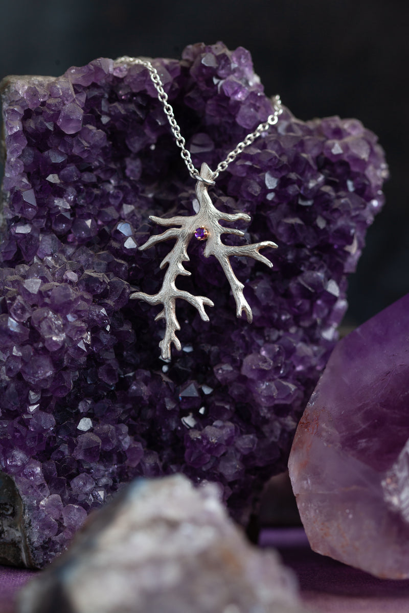 February Amethyst Birthstone Branch Pendant Necklace