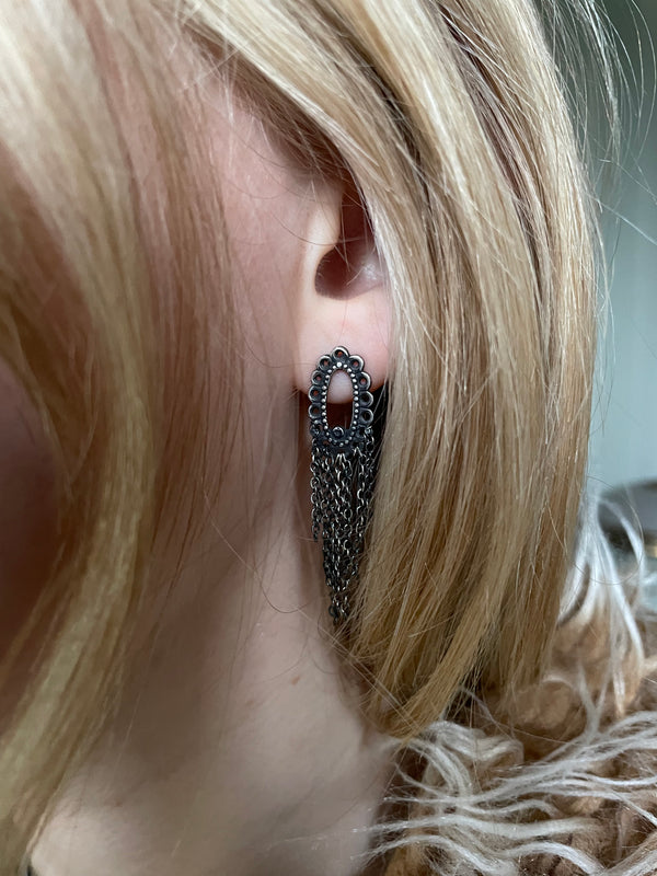 Baroque Chain Drop Earrings  - Oxidised Silver