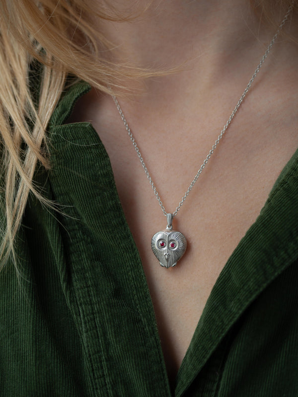 Owl Heart Amulet Pendant Necklace - Silver and Ruby