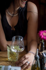 My Spot the Matchstick Necklace worn in silver formed from small linked 'matchstick' bars with a bobble texture