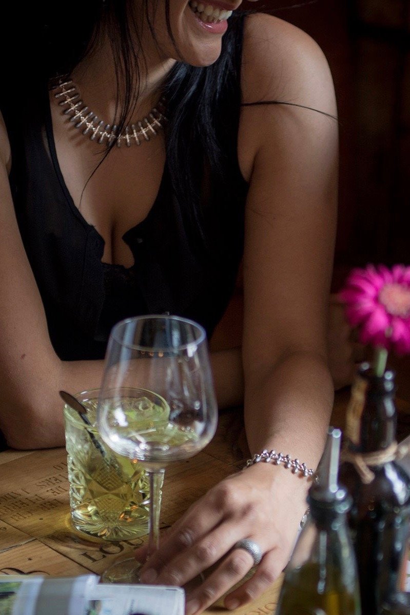 My Spot the Matchstick Necklace worn in silver formed from small linked 'matchstick' bars with a bobble texture