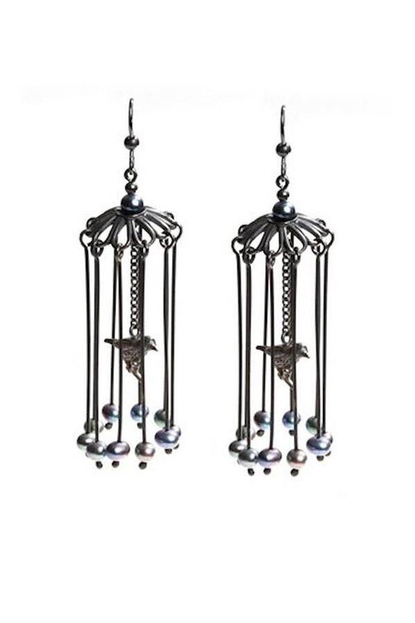 My Bird Cage Earrings feature song thrushes behind chain bars hung with little grey pearls
