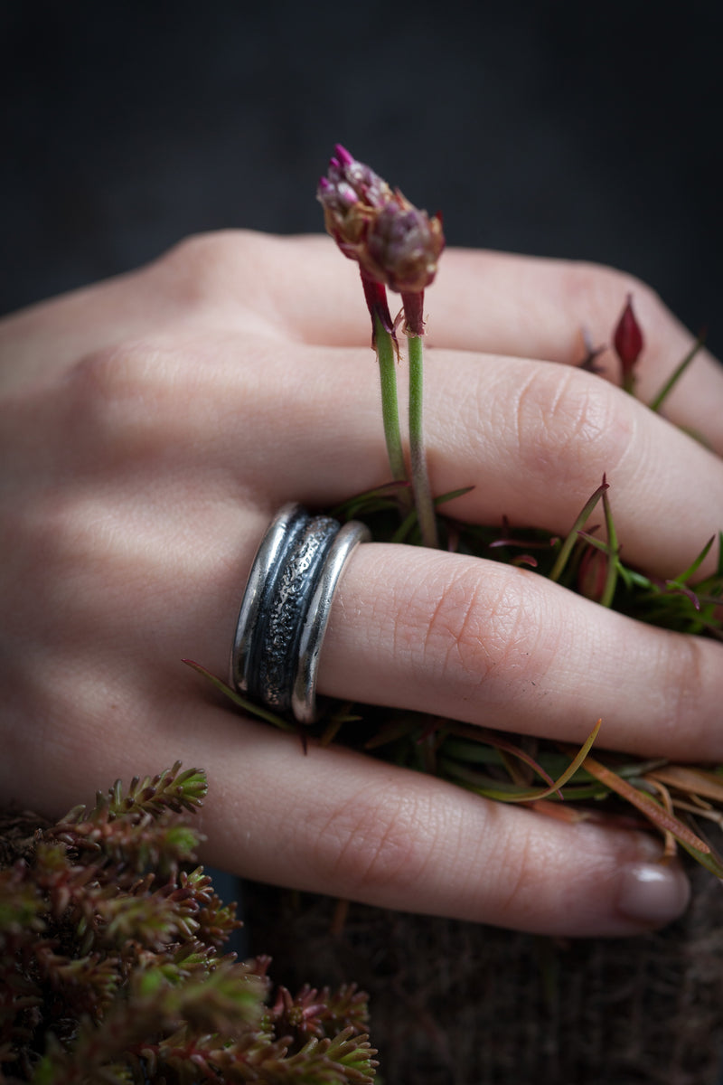 My Chunky Textured Band Ring has three layers of contrasting texture worn in oxidised silver and silver