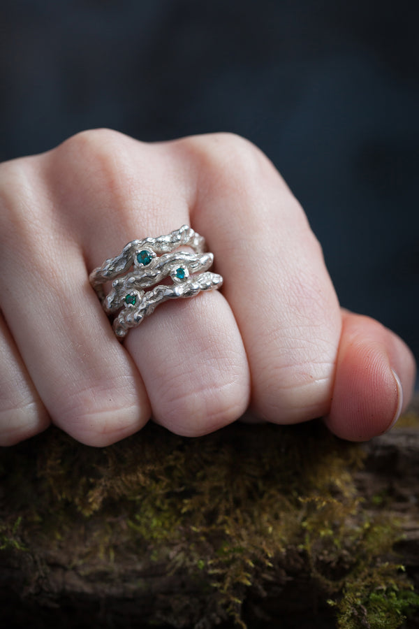 My Branch Ring with Tourmalines worn in silver set with 3 green gemstones