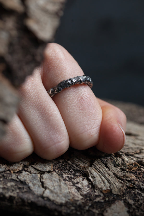 My Twig Ring worn in oxidised silver is a never-ending circle designed for nature-lovers