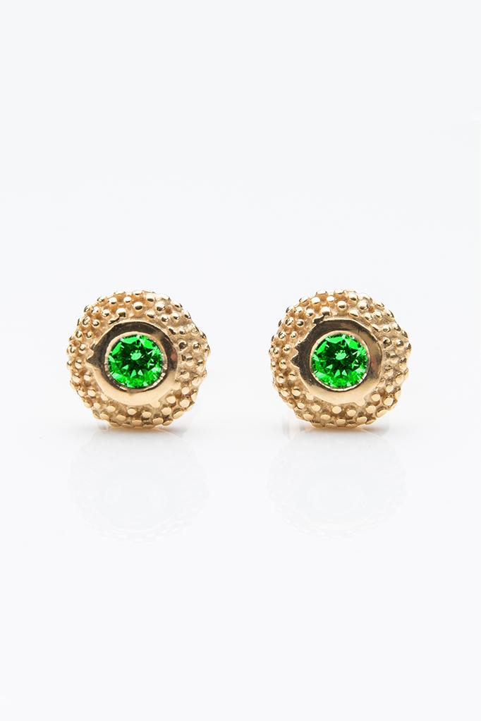 My January Green Garnet Bobbled Pollen Stud Earrings in yellow gold plated silver