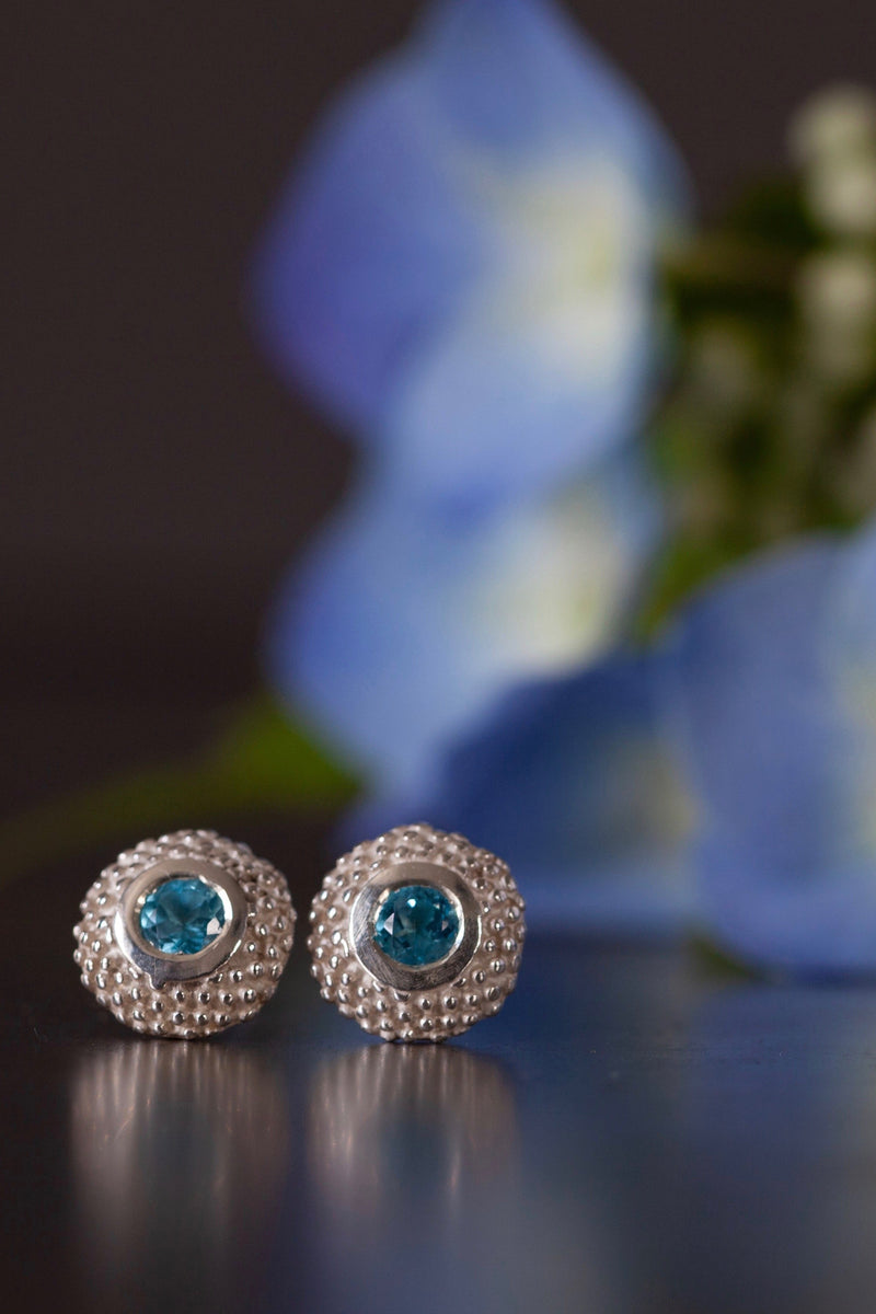 My Bobbled Pollen Stud Earrings are set with Swiss Blue Topaz November's birthstones