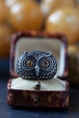 Oxidised silver Owl Ring with Yellow Sapphires