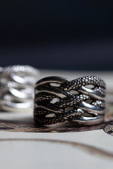 My Medusa Ring has a lattice design mixing shiny and bobbled silver strands