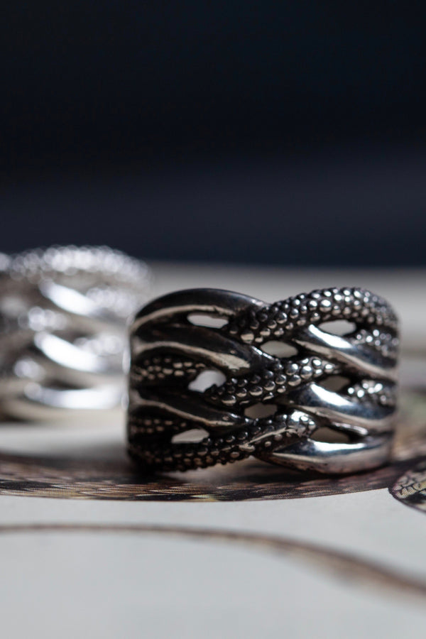 My Medusa Ring has a lattice design mixing shiny and bobbled silver strands
