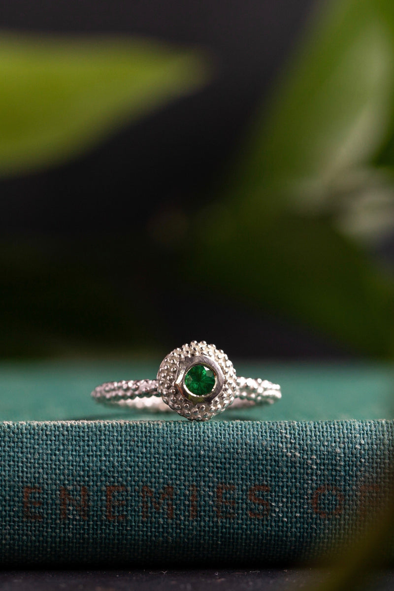 My Bobbled Pollen Stacking Ring has a bobble textured disc set with Tsavorite Green Garnet 