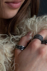 My chunky Bubble Ring worn in oxidised silver with other rings