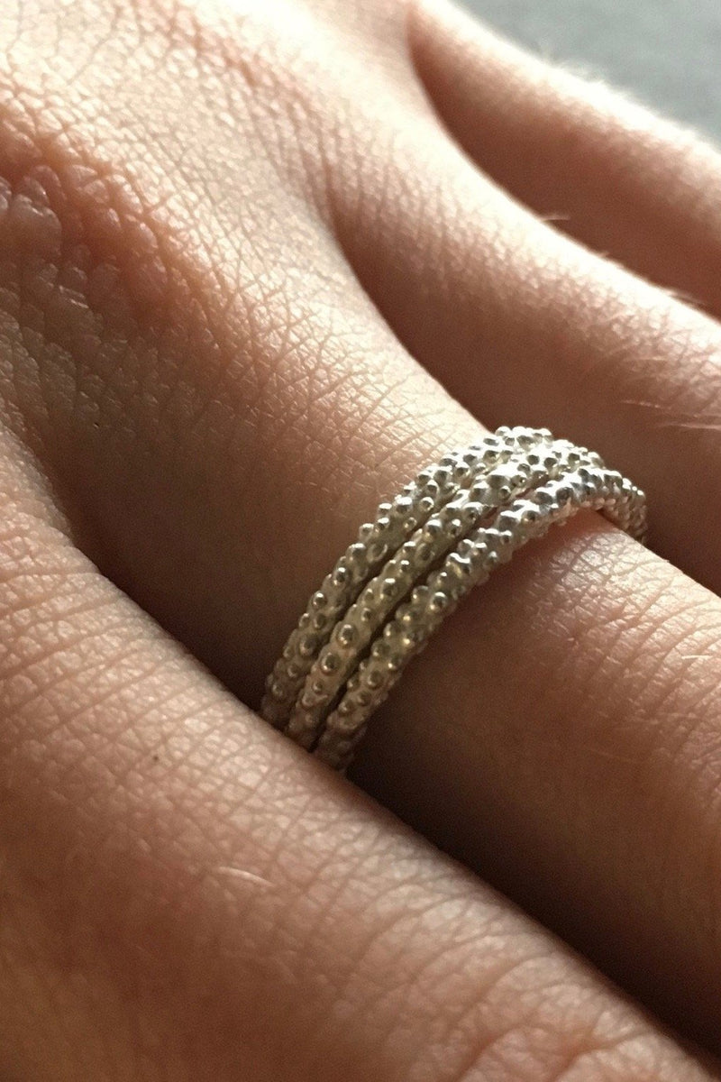 3 of my Mini Bobbled Stacking Rings worn stacked together in silver 
