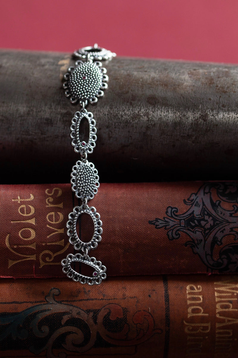 My Baroque Bracelet in oxidised silver links 9 highly decorative oval discs to create a modern classic