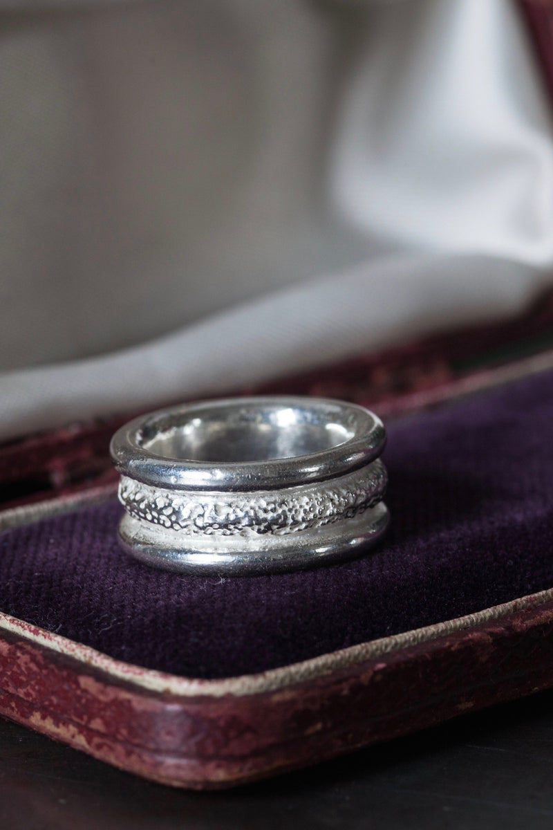 My Chunky Textured Band Ring has three layers of contrasting texture in silver