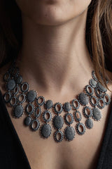 My Medium Baroque Collar Necklace worn in oxidised silver adds drama to any outfit