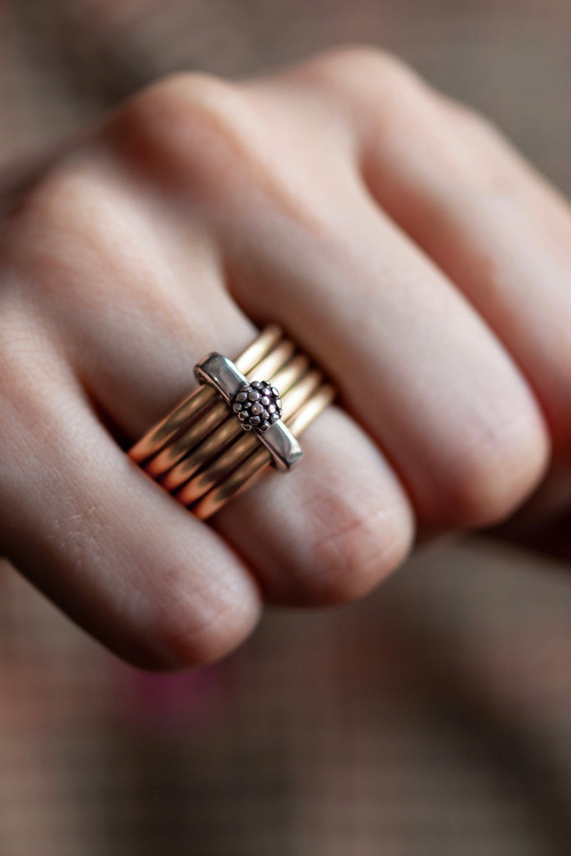 My wide striking Five Band Cauliflower Ring worn in 9ct gold with silver link 