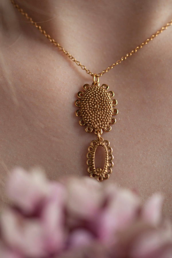 My Baroque Drop Pendant Necklace, inspired by antique lace, features two highly decorated drops and is designed to add drama to any outfit with its ornate detail.