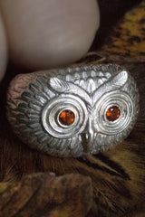 Silver statement Owl Ring, inspired by Harry Potter's owl Hedwig, with Madeira citrine eyes