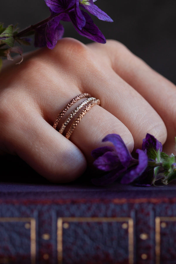 My 9ct Gold Midi Bobbled Stacking rings worn in different metal colours are versatile highly textured medium width