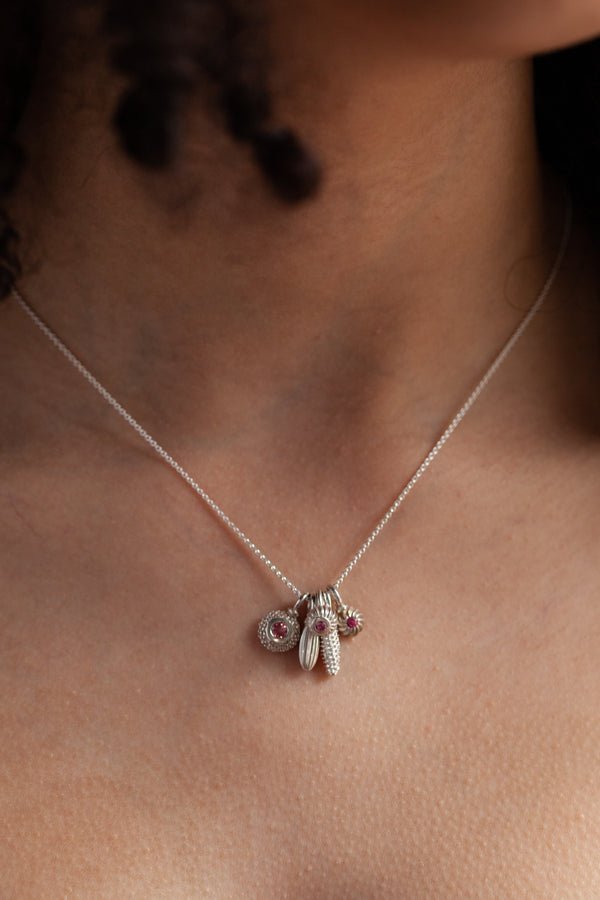 October Pink Tourmaline Birthstone 5 Pollen Charm Cluster Pendant Necklace