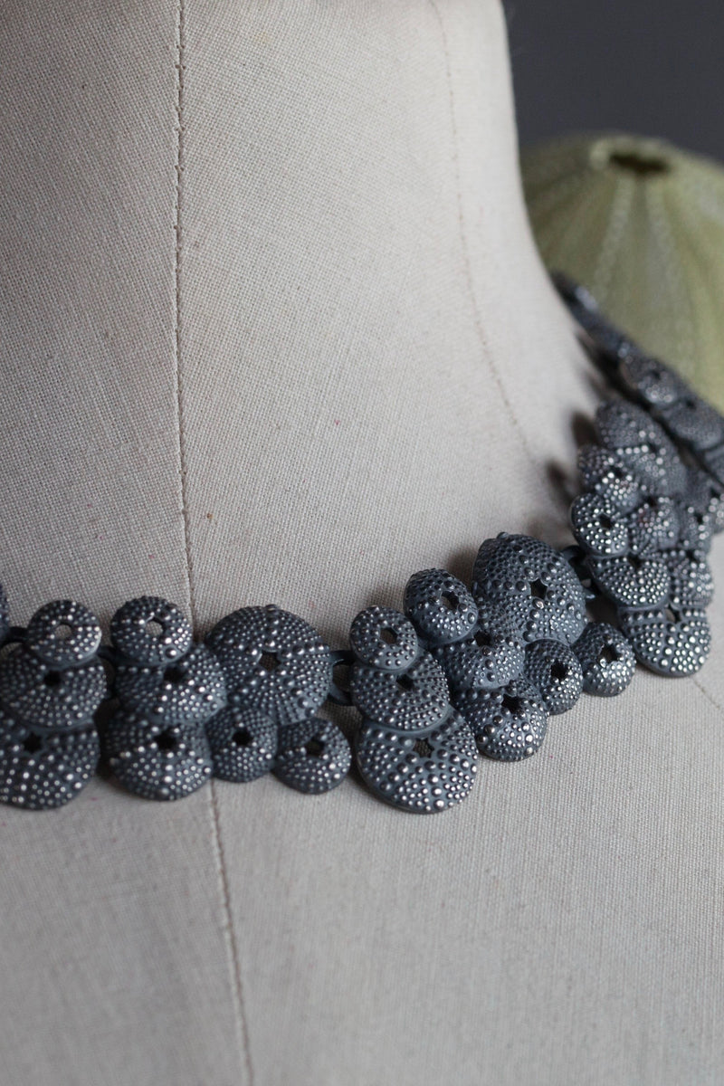 My Urchin Necklace features textured silver rounds closeup in oxidised silver