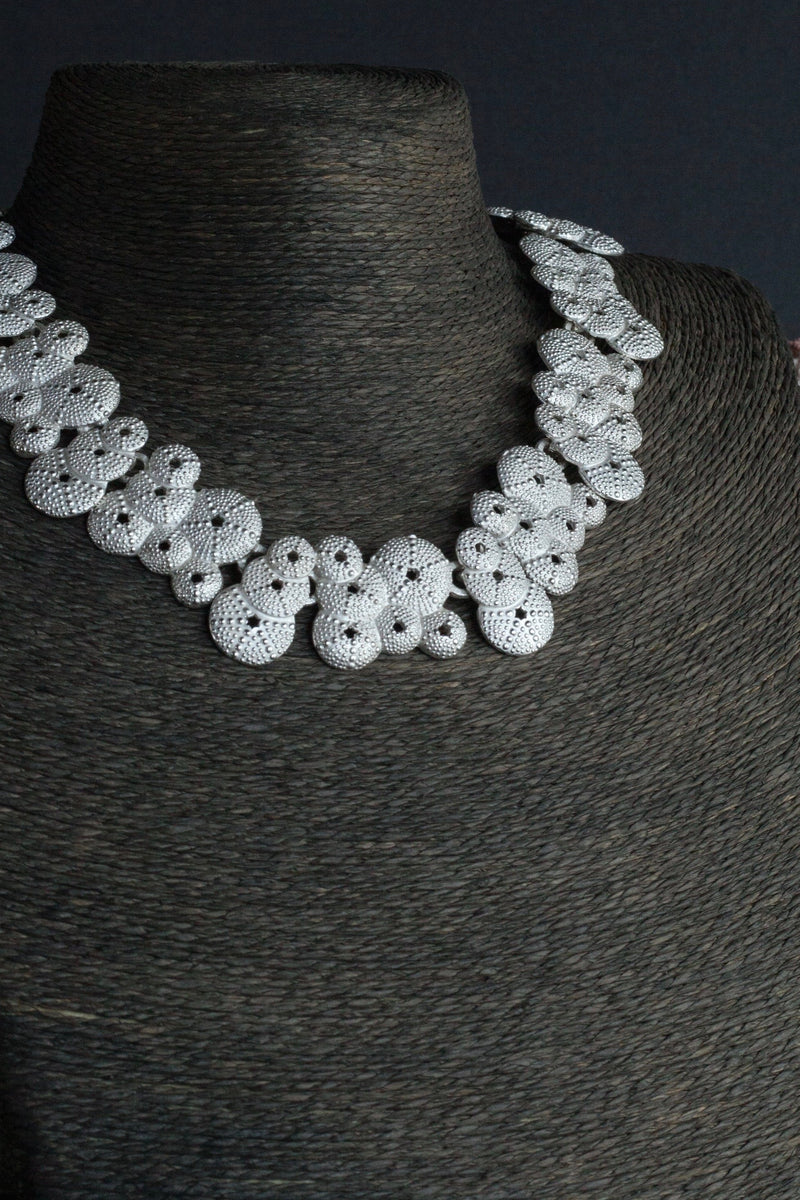 My Urchin Necklace features textured silver rounds closeup in silver