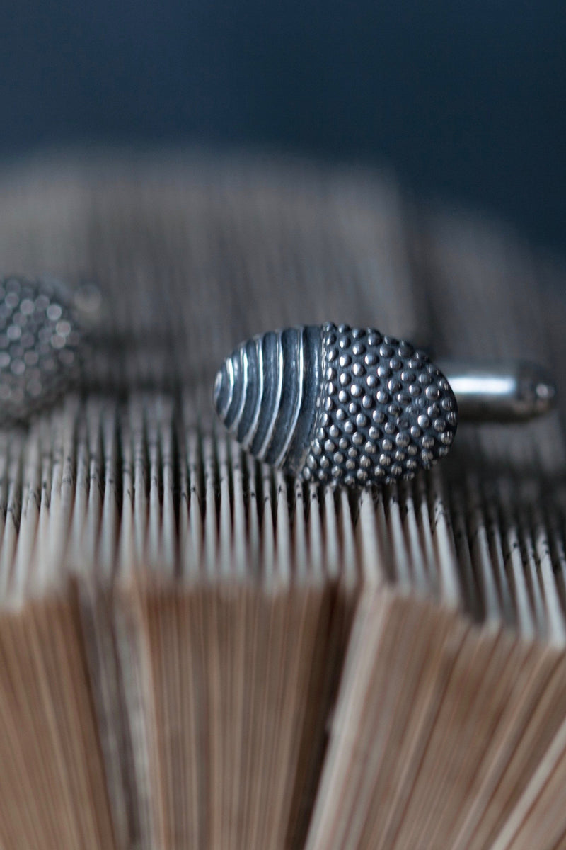 My Spotted Acorn Cufflinks in oxidised silver are half embellished with my signature spots and half with striped cups