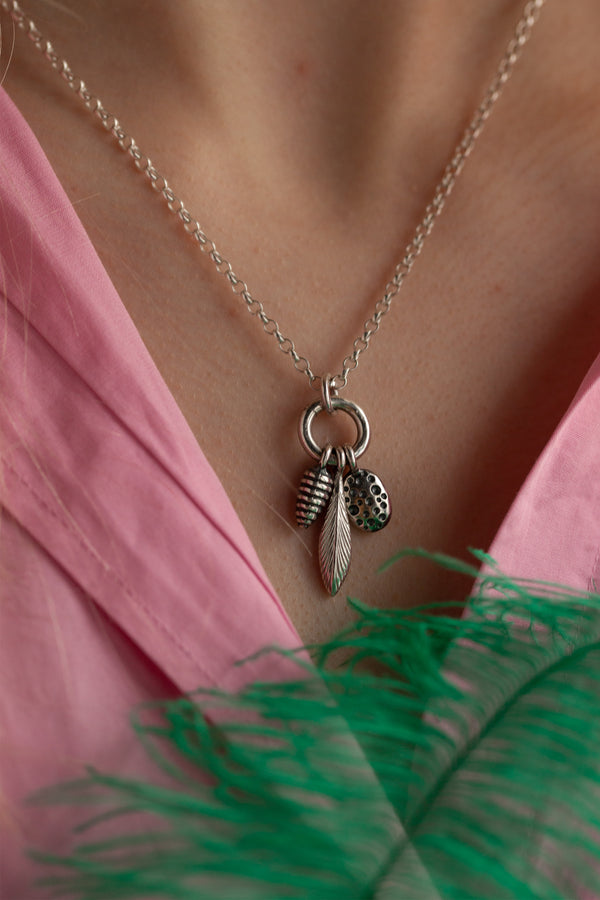 Three Pod Feather Cluster Pendant Necklace