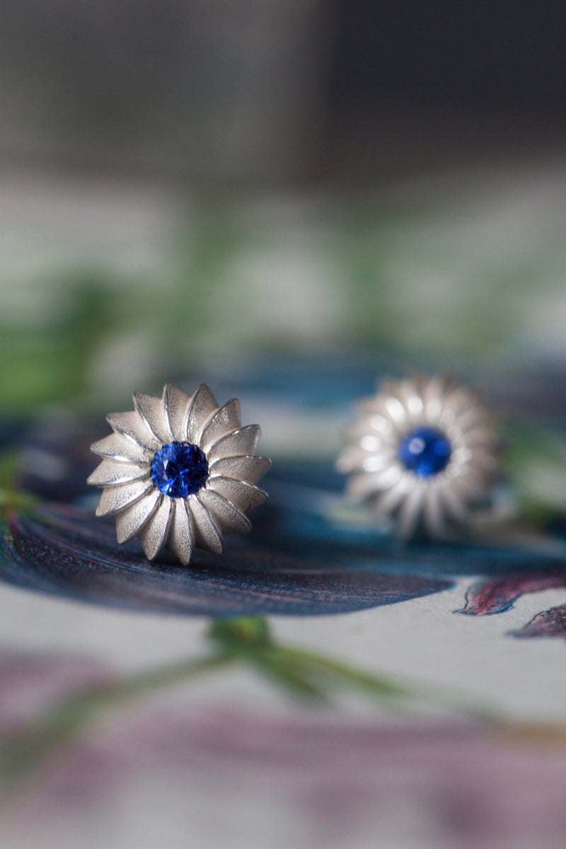 My September Sapphire Birthstone Satsuma Studs are subtly striped and set with gemstones