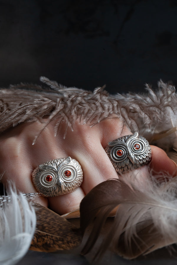 Pair of Owl Rings, inspired by Harry Potter's owl Hedwig, with Madeira citrine eyes