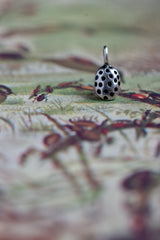 My ladybird charm is a small polished silver oval with different sized spots hanging from small silver ring