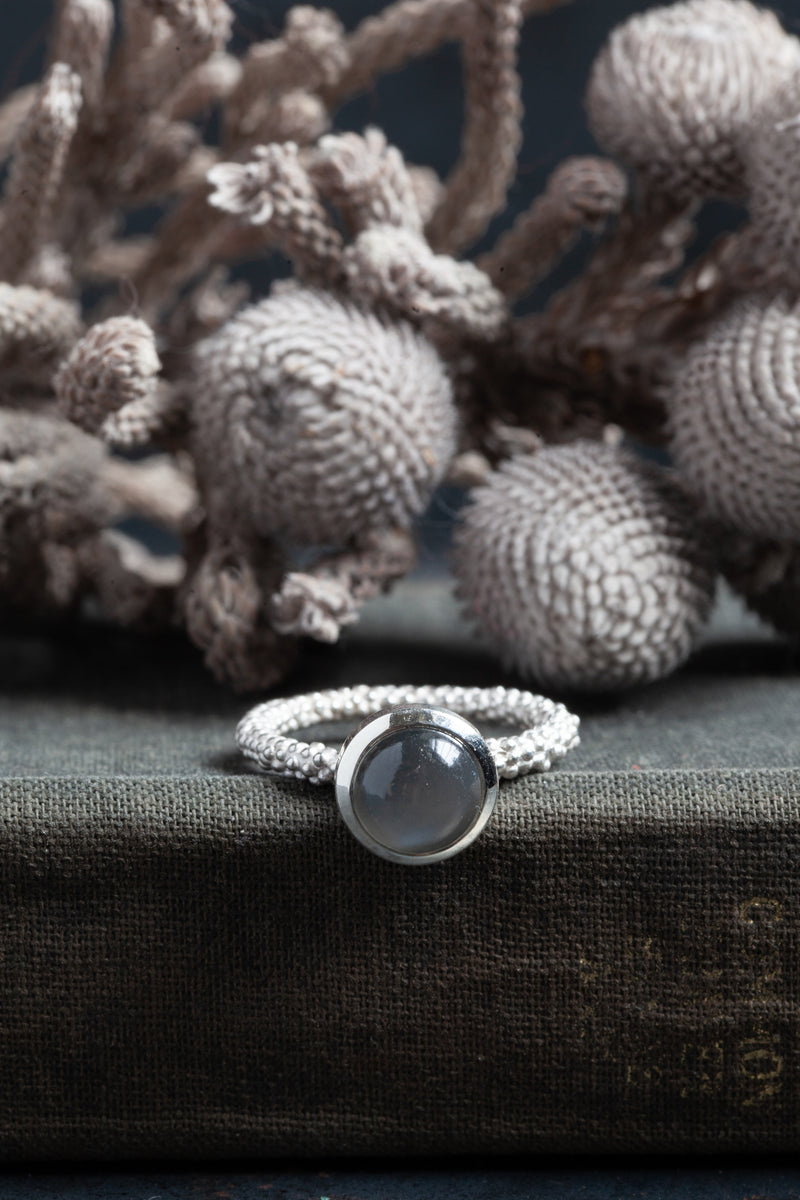 My Moon Ring has a bobbled shank set with 8mm cabouchon grey moonstone